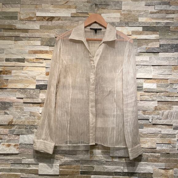 Lafayette 148 NY Silk Linen Sheer Blouse 10 | Neutral Stripe Button Shirt $400 - Picture 1 of 5